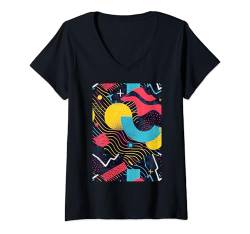 Damen 80er Jahre Stil Retro Muster Kunst Synthwave T-Shirt mit V-Ausschnitt von Pattern Art Minimalist Vintage Shapes