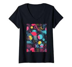 Damen Retro 80er Jahre Stil Synthwave Muster Kunst T-Shirt mit V-Ausschnitt von Pattern Art Minimalist Vintage Shapes