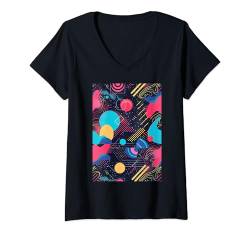 Damen Synthwave 80er Jahre Stil Retro Muster Kunst T-Shirt mit V-Ausschnitt von Pattern Art Minimalist Vintage Shapes