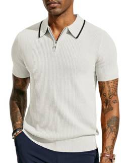 PaulJones Retro Poloshirt Herren Strick Polo Kurzarm Herren Knit Polo mit Reißverschluss Weiß XXL von PaulJones