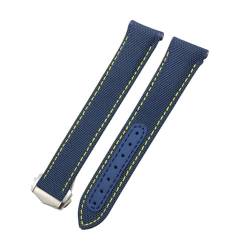 Uhrenarmband aus Nylon, gebogen, 19 mm, 20 mm, 21 mm, passend für Omega Speedmaster Moonwatch Seamaster AT150 Planet Ocean, passend für Seiko Blue Canvas-Stoff Uhrenarmband (blau-gelb spitz, 21 mm, von Paulapang