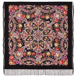 Original Schwarz Damen Russischer Pawlow Pavlovo Posad Schal Tuch Umschlagtuch 100% Wolle mit Seidenfransen, mit Paisley und Blumen 125cm x 125cm von Pavlovo Posad Shawl Manufactory