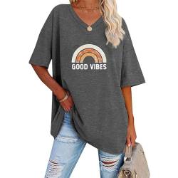 Damen T-Shirt Halbarm Baumwolle Oversize Shirts mit Rundhals - Sommer Basic Tee Shirt mit Good Druck, Lockere Große Größen Kurzarm Oberteile Elegant Lässig Lose Top Tshirts Grau von Pdakieyxnd