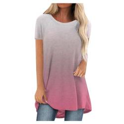 Pdakieyxnd Damen Longshirt Sommer Kurzarm Tshirt - Smile Rundhals Tunika Blusen Große Größen Bunte Basic Shirts Casual Longbluse Locker Lässig Lang Shirts Rosa von Pdakieyxnd