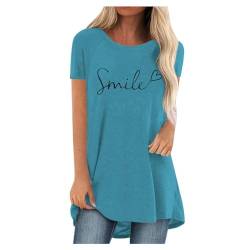 Pdakieyxnd Longbluse Damen Kurzarm Lässig für Leggings Longshirt - Sommer Rundhals Smile Tunika Tops Lässig Lose Baumwolle Longshirts Locker Mode Bunte Long Bluse Himmelblau von Pdakieyxnd