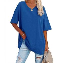 Tshirt Damen Oversize Baumwolle Oberteile mit V-Ausschnitt - Kurzarm Lockere Basic Shirt Sommer Tee Shirts Casual T-Shirt Bluse Lang Tunika Top für Teenager Mädchen Sportshirt Blau von Pdakieyxnd