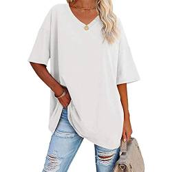 Tshirt Damen Oversize Baumwolle Oberteile mit V-Ausschnitt - Kurzarm Lockere Basic Shirt Sommer Tee Shirts Casual T-Shirt Bluse Lang Tunika Top für Teenager Mädchen Sportshirt Weiß von Pdakieyxnd