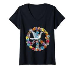Damen Peace Love Hippie Kostüm 60er & 70er Jahre Friedenssymbol T-Shirt mit V-Ausschnitt von Peace Love Shop Friedenssymbol Hippie Designs