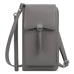 Pearl Angeli Handytasche zum Umhängen Damen Leder Handy Umhängetasche RFID Schutz Handy Schultertasche mit 16 Kartenfächer Verstellbar Schultergurt Klein Crossbody Tasche Geldbörse (Leder Grau) von Pearl Angeli