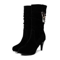 PenKee Damenstiefel Wildleder Stiletto Mittelkalb Stiefel Runde Zehen Strasskette Verzierte Schuhe Geeignet für den täglichen Freizeitsport im Freien von PenKee