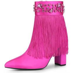 Perphy Damen Stiefeletten mit spitzem Zehenbereich, Fransen, Kristall, klobiger Absatz, Knallpink (Hot Pink), 38 EU von Perphy