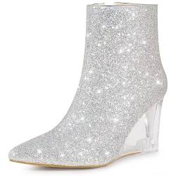 Perphy Glitzernde Stiefeletten mit spitzem Zehenbereich, klarer Keilabsatz für Damen, silber, 38 EU von Perphy