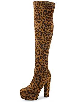 Perphy Overknee-Overknee-Stiefel mit Plateau und Blockabsatz für Damen Brauner Leopard 40 von Perphy