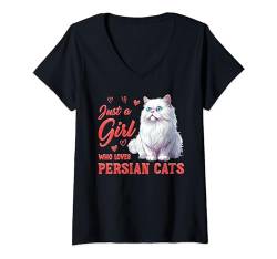 Damen Katzenmama JUST A GIRL AND HER PERSIAN CATS Lustig Perser T-Shirt mit V-Ausschnitt von Perserkatzen Geschenk Perser Katzen Besitzer Shirt