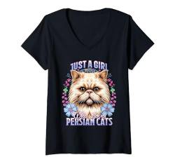 Damen Katzenmama JUST A GIRL WHO LOVES PERSIAN CATS Besitzerin T-Shirt mit V-Ausschnitt von Perserkatzen Geschenk Perser Katzen Besitzer Shirt