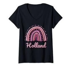 Holland Name Personalisierte Lustige Frauen Rosa Regenbogen Holland T-Shirt mit V-Ausschnitt von Personalized Name Mothers Day outfit For Women