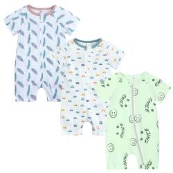 Petalum Baby Mädchen Pyjama Sommer aus Baumwolle Kurzarm mit Reißverschluss 3pcs Kleinkind Jungen Schlafstrampler Drucken Jumpsuit Body Spieler Outfits 12-24Monate Set M von Petalum