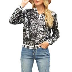 Petalum Damen Glitzer Pailletten Jacke Hiphop Langarm Bomberjacke Reißverschluss Fliegenjacke Bikerjacke Outwear L Schwarz von Petalum