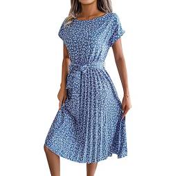 Sommerkleid Damen Kurz Kleider Frauen Sommerkleider Knielanges Boho A-Linien Kurzes Tunika Plissiertes Kleid Damen Sommer Strandkleid Casual Swing Midi Süße Kleider Strandkleider Damen Sommer Blau S von Peuignao