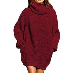 Strickkleid Damen Rollkragen Pulloverkleid Damen Langer Pullover Damen Lang Pullikleid Pulli Kleid Strickkleider Long Pullis für Damen Minikleid Damen Winter Pulloverkleider Pullover Kleider Rot XL von Peuignao