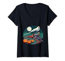 Damen Halloween Lokomotive Eisenbahn Geist Kürbis Lustig T-Shirt mit V-Ausschnitt von Pfotenschatz