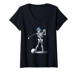 Damen Halloween Skelett Golf Golfplatz T-Shirt mit V-Ausschnitt von Pfotenschatz