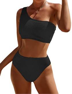 One Shoulder Bikini Sets for Women High Waisted Full Coverage Badeanzug Gerippter Push Up Two Piece Badeanzüge, Schwarz, Large von Pfreesea