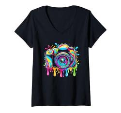 Damen Bunte Splash Art Kamera Fotografie Fotograf T-Shirt mit V-Ausschnitt von Photography Camera Photographer Gifts