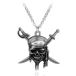 Viking Pirate Skull Halskette für Männer, Gothic Skull Head Anhänger Halskette mit 19,7 "Kette, Crossed Swords Halskette, Punk Skull Schmuck Charm Geschenk (Silber) von PikaLF