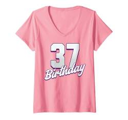 Damen 37. Geburtstag, 37 Jahre, rosa Mädchen T-Shirt mit V-Ausschnitt von Pink Birthday Celebration Designs