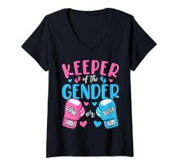 Damen Keeper Of Gender Boxing Baby Gender Reveal Familienfeier T-Shirt mit V-Ausschnitt von Pink Or Blue Keeper Of Gender Reveal Boxing Party