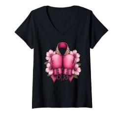 Damen Boxhandschuhe mit Löwenaufdruck, rosa Schleife, Brustkrebs-Bewusstsein T-Shirt mit V-Ausschnitt von Pink Ribbon Breast Cancer Fighter Support Gifts