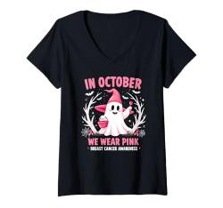 Damen Halloween Im Oktober tragen wir rosa Brustkrebs-Bewusstsein T-Shirt mit V-Ausschnitt von Pink Ribbon Breast Cancer Fighter Support Gifts