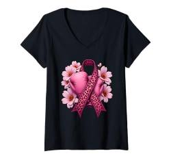 Damen Leo Pink Ribbon Boxhandschuhe Brustkrebs-Bewusstsein T-Shirt mit V-Ausschnitt von Pink Ribbon Breast Cancer Fighter Support Gifts