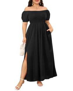 Damen Boho Kleid Plus Size Blumendruck Schulterfrei Gerafft Split Sommer Maxi Langes Kleid, Schwarz, 52 Mehr von Pinup Fashion