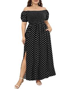 Damen Boho Kleid Plus Size Blumendruck Schulterfrei Gerafft Split Sommer Maxi Langes Kleid, schwarz mit punkten, 52 Mehr von Pinup Fashion