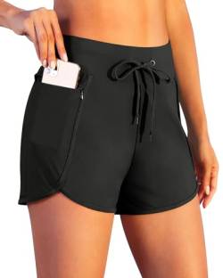 Pinup Fashion Damen-Badeshorts, 7,6 cm hohe Taille, Bademode, Board-Shorts, Boy-Shorts, Trunks mit Reißverschlusstaschen, Futter, Schwarz, XL von Pinup Fashion