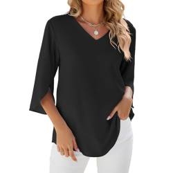 Placitiume Damen 2024 Casual V-Ausschnitt Rüschen 3/4 Ärmel Chiffon Bluse Elegant Tunika Top, Schwarz , XXL von Placitiume