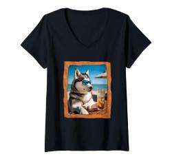 Damen Husky mit Sonnenbrille genießen Strandzeit T-Shirt mit V-Ausschnitt von Playful Summer Vibes Pet Relaxation Beach Life