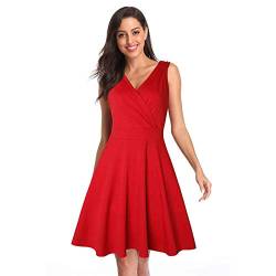 Damen Freizeitkleid V-Ausschnitt Mode Uni-Farbe Kleid A-Linie Kleid Cocktailkleid Midikleid Kurzarm（Rot，M） von Poamen