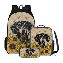 Poceacles Rucksack für Jungen mit Lunchbox, Büchertasche für Mädchen, 4. Klasse, 6. Klasse, Büchertasche mit Bleistiftbox, Kinderrucksack, 3 Stück, Dackel, Sonnenblume von Poceacles