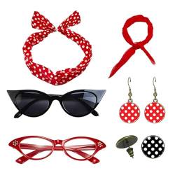 Poupangke 50er-Jahre-Kostüme für Frauen, 50er-Jahre-Accessoires für Mädchen | Stirnband-Ohrring-Set für 1950er-Jahre-Outfits | Vintage Polka Dot Haarbänder mit Chiffonschal, Brillen für Mädchen von Poupangke