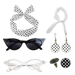 Gepunktete Stirnbänder für Damen, 50er-Jahre-Accessoires für Damen - 1950er-Jahre-Set aus Stirnbändern und Ohrringen - Vintage Polka Dot Haarbänder mit Chiffonschal, Brillen für Mädchen von Povanjer