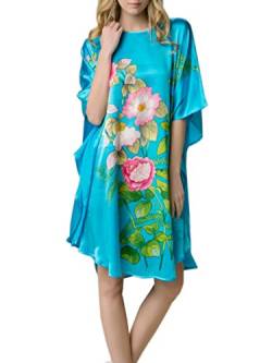 Prettystern Damen Handbemalt Seidennachthemd Schlafkleid Kaftan Schlafhemd Reine 100% Seide Nachthemd Tunika Silk Pyjama Türkis-blau Rosen Ybs103 von Prettystern