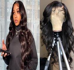 Echthaar Perücke Black Human Hair Wig 13x6 Lace Front Body Wave Perücke 150% Density Human Hair Wig Top Swiss Lace Pre Plucked Natural Hairline With Baby Hair for Women 22 Zoll von Preuvitu