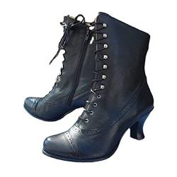 Prevently Damen Viktorianische Stiefel Hexenstiefel Vintage Lace up Knöchel Stiefel Klotzige Ferse Mittlere Wade Ritter-Stiefel Gothic Halloween Cosplay Kostüm Schuhe Mandelzehe Hochzeit Brautstiefel von Prevently