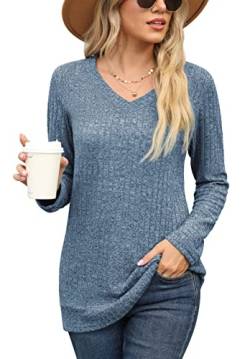 PrinStory Damen Langarmshirts V-Ausschnitt Sweatshirt Lässig Tunika Einfarbig Pullover EU Size 36-38 (Hellblau, S) von PrinStory