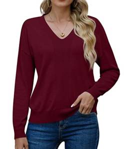 PrinStory Damen Pullover Langen Ärmeln Sweatshirts V-Ausschnitt Weiche Einfarbige Oberteile Lässige Strickwaren (Weinrot, M) von PrinStory