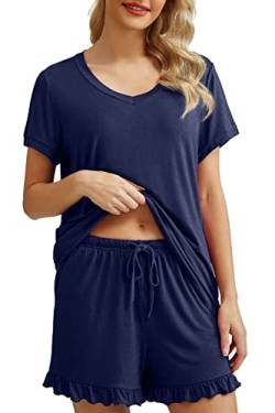 PrinStory Damen-Pyjama-Set, Lounge-Set, kurzärmelig, Nachtwäsche, weiche Pyjama-Shorts mit Taschen, A: Marineblau, 42 von PrinStory