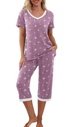 PrinStory Damen Schlafanzug Pyjamas Set Zweiteiliger Nachtwäsche V-Ausschuss Lounge Set Kurzarm Hausanzug Für Frauen Blumendruck (Weißer Stern Violett, XL) von PrinStory